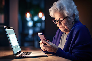 Gammal kvinna med en telefon och bärbar dator